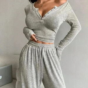 Light Grey Casual Women's Solid Color Button Long Sleeve T-Shirt And Pants Set